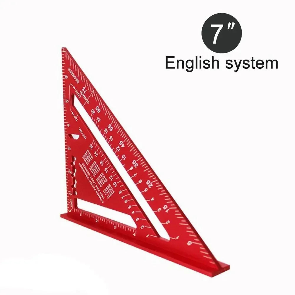 New 7Inch Triangle Ruler Measurement Tool Aluminium Alloy Carpenter Tools Inch Metric Angle Ruler Speed Square Woodworking Tools Zpaxo red-english