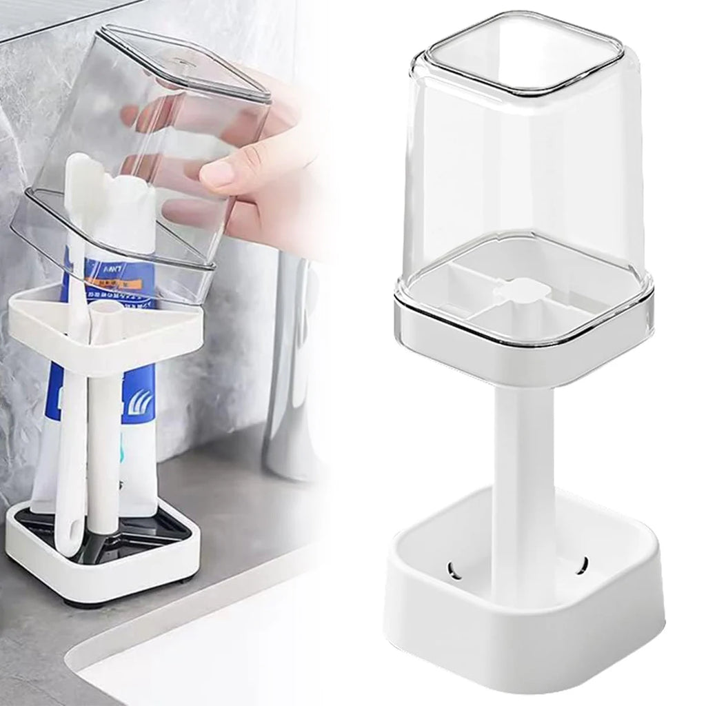 3-in-1 Countertop Toothbrush Holder with Cover & Toothpaste Slot