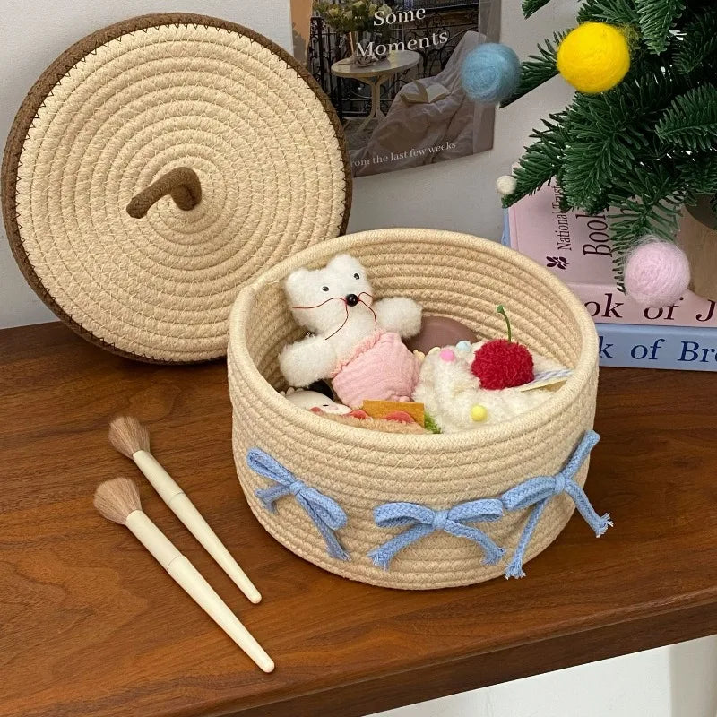 Cotton Rope Woven Storage Basket with Lid – Desktop Organizer Woven Storage Basket Zpaxo