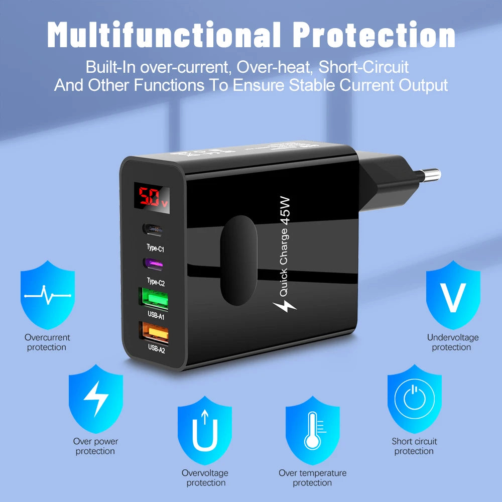 45W 4-Port USB-C Fast Wall Charger | QC 3.0 & PD Display USB Wall Charger Zpaxo