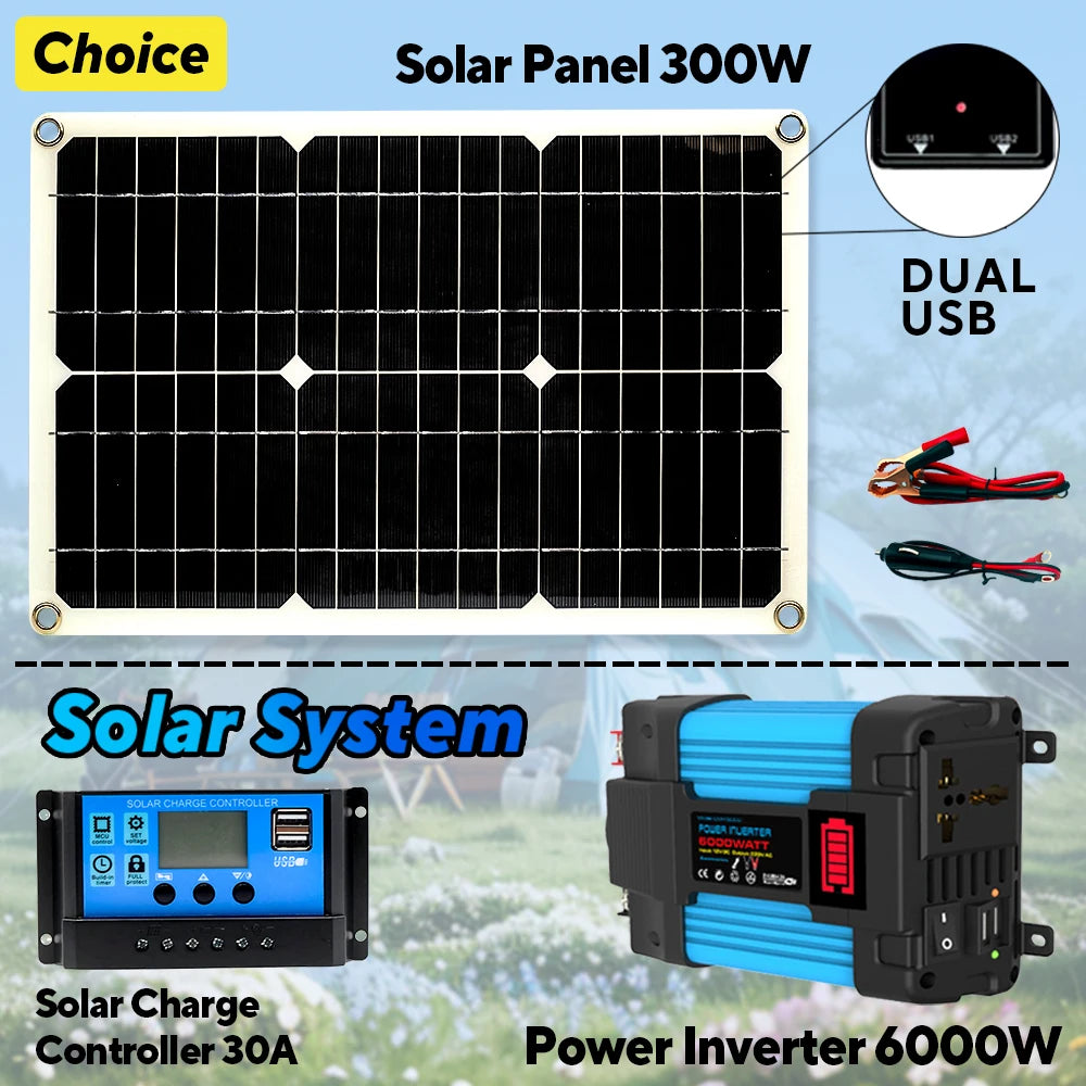 12V To 110V/220V Solar Panel System 600WSolar Panel Battery Charge Controller 6000W Solar Inverter Kit Complete Power Generation Zpaxo