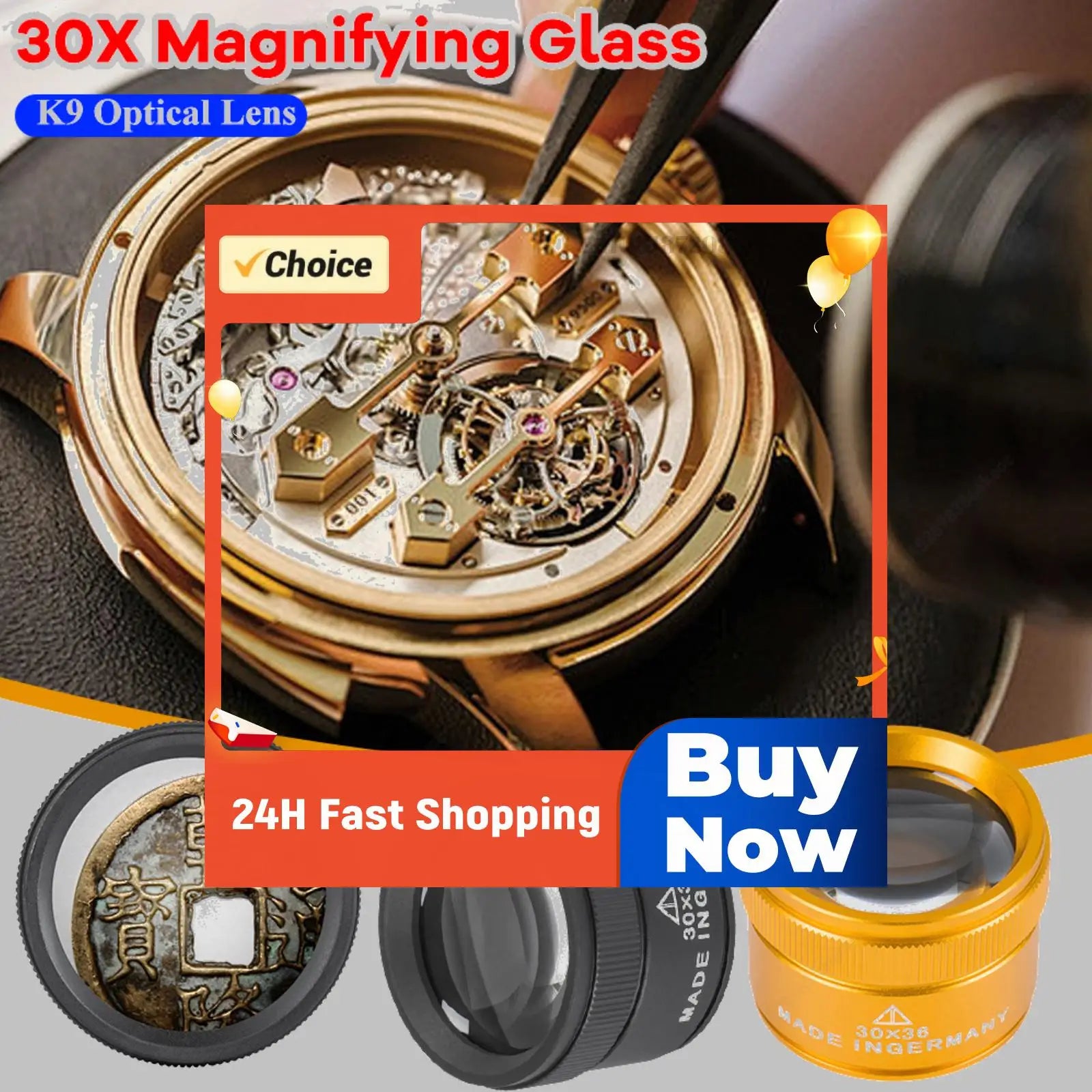 Portable 30X Magnifying Glass Handheld Lightweight K9 Optical Lens