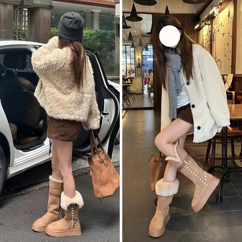 Belt Buckle Boots Winter Round Head Suede Warm Sleeve Thick Bottom