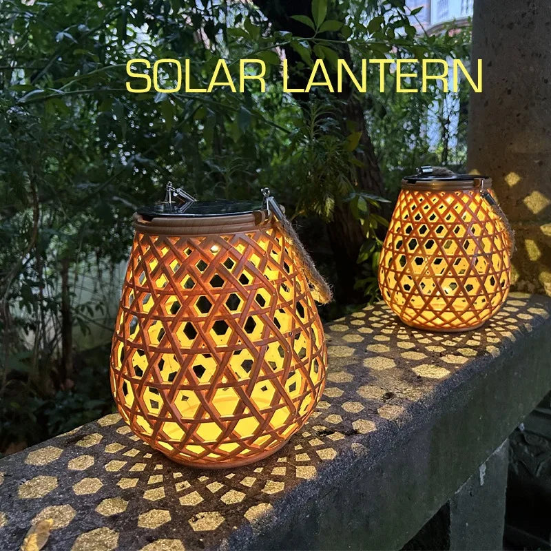 Solar Powered Bamboo Woven Hanging Cage Lamp Sun Powered Hanging Lamp Outdoor Courtyard Lamp Solar Lantern with Hollow Design Zpaxo