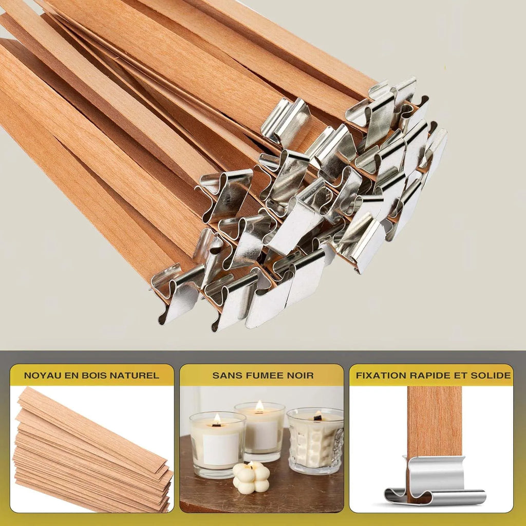 Wick Wooden Candle x30 + 30 Metal Bases Candle Wick 13 cm - Natural Wood Candle Wicks Candle Accessory Zpaxo