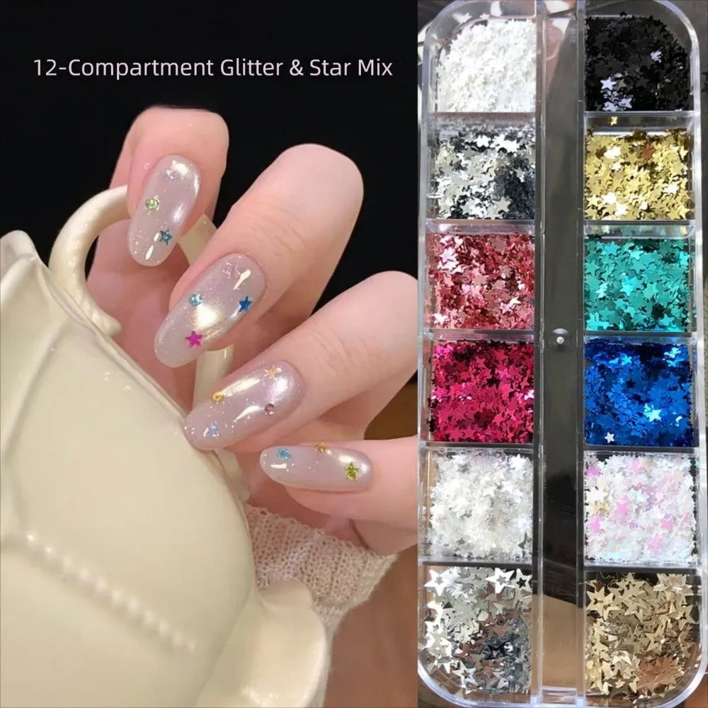 12Grids Box Five-pointed Star Nail Art Charms Sparkling Flakes Mini Zpaxo