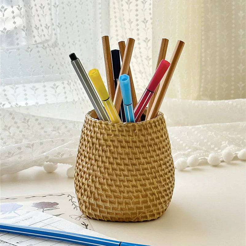 Rattan-Style Round Pen Holder & Makeup Brush Organizer Desk Organizer Zpaxo