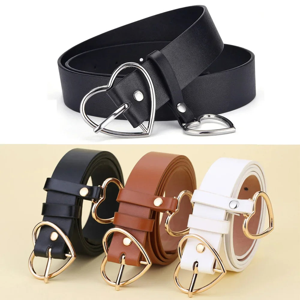Cute Leather Belt Metal Heart Shape Buckle Camel White Black Retro PU