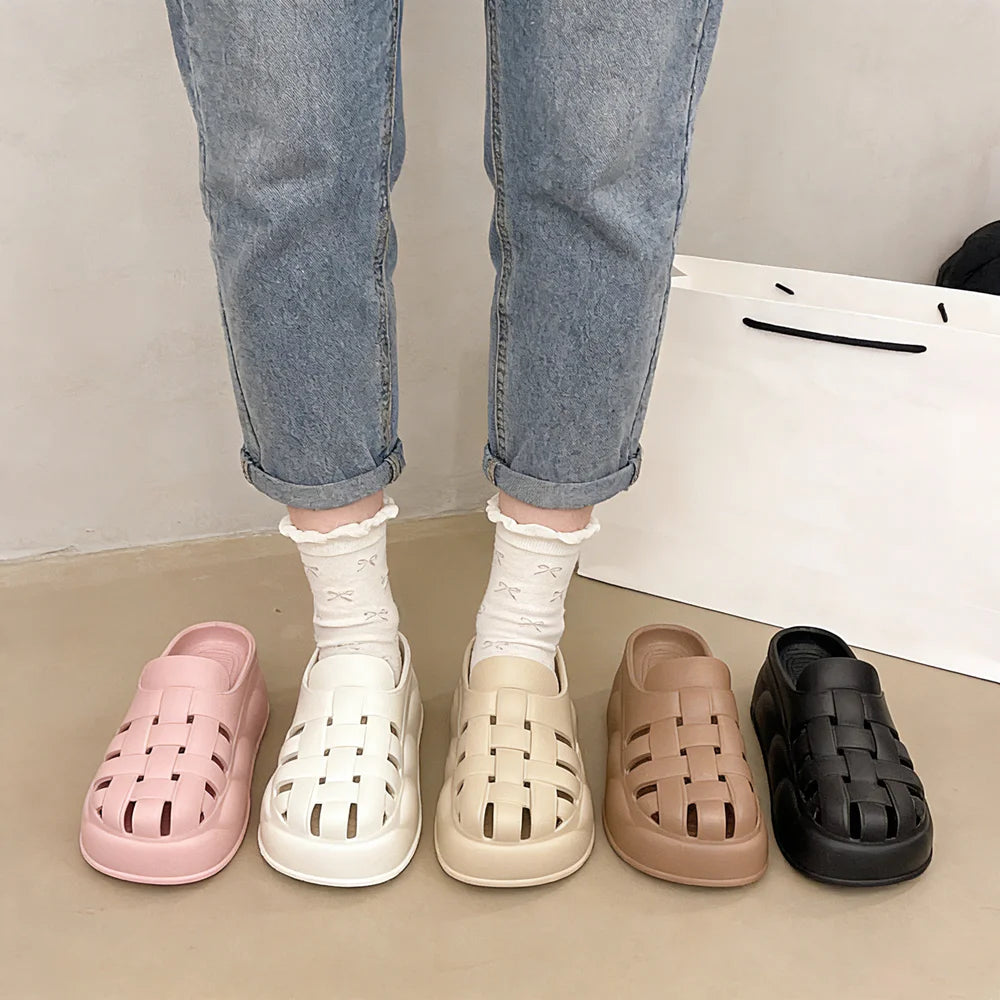 SHAJI Women Cloud Woven Sandals Closed Toe Hollow Thick Sole Slides