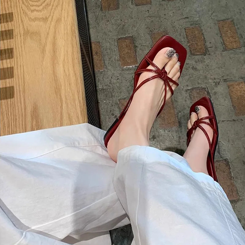 Slippers for Women's Summer New French Square Toe Slim Fit Lace Up Hollowed Out Clip on Thick Heel Outdoor Flat Sandals Women's Zpaxo red 36