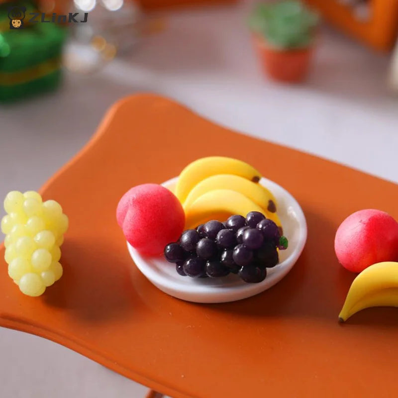 ▶6Pcs/set Mini Simulation Fruit Plate Grape Banana Peach Dollhouse Kitchen Decoration Zpaxo