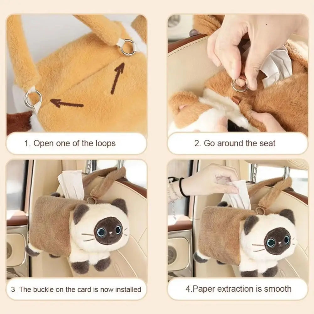 Cartoon Plush Cat Napkin Box Shape Reusable Car Seat Tissue Fluffy Zpaxo