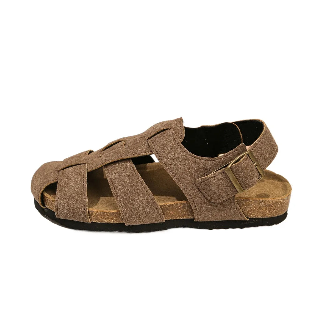 Women's Solid Retro Flat Sandals Summer Hollow Woven Baotou Roman