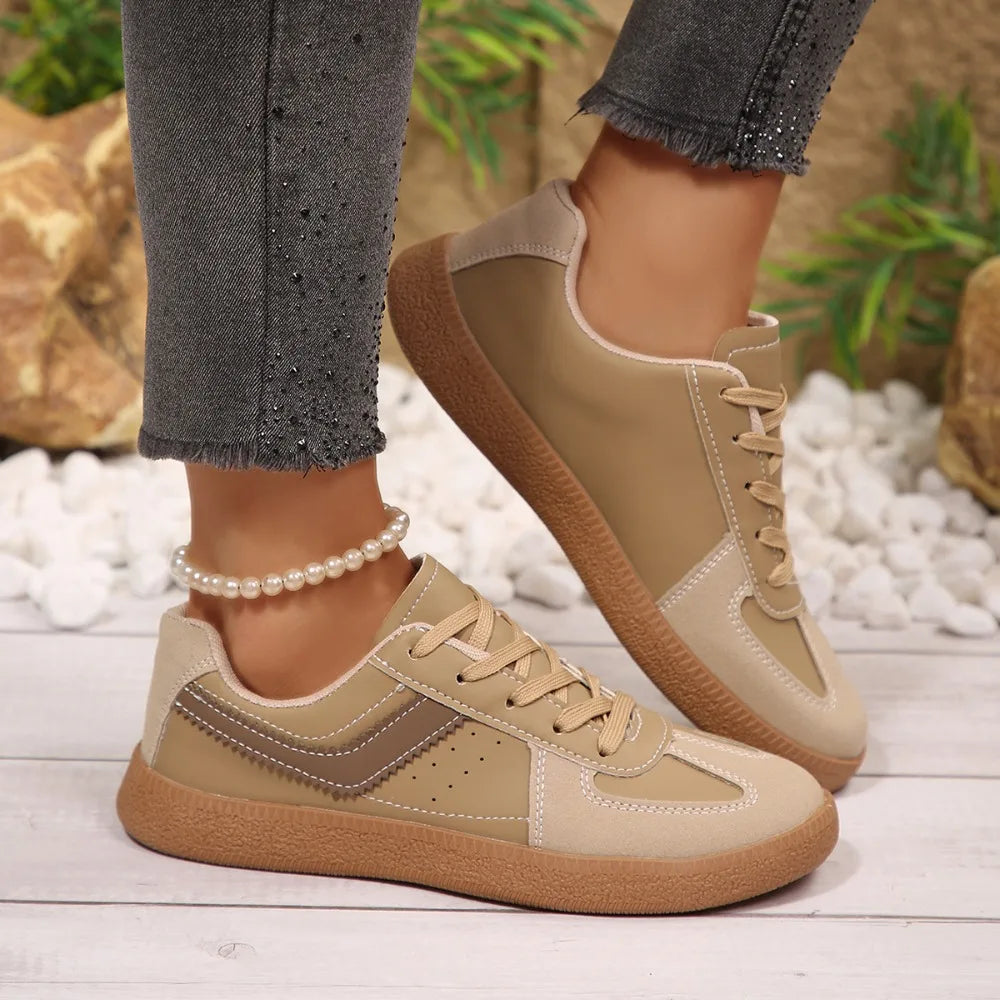 Women Sneakers Fashion Round Toe Casual Lace Up Shoes Patchwork Retro