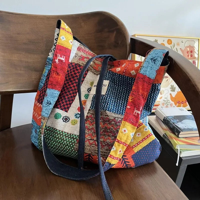 Double-sided Bag Bohemian Denim Canvas Bag Versatile Commuter Tote Bag Available on Both Sides Retro Contrasting Messenger Bag Zpaxo
