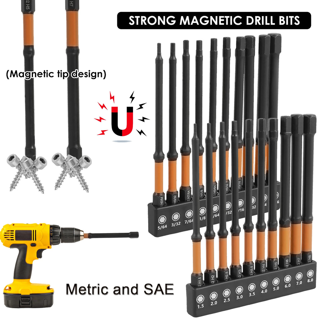 20/10pcs Impact Allen Wrench Drill Bit Set Metric & SAE 1/4" Hex-Shank S2 Steel Hex Bits CNC Machined Tips with Magnetism 4" Lon Zpaxo