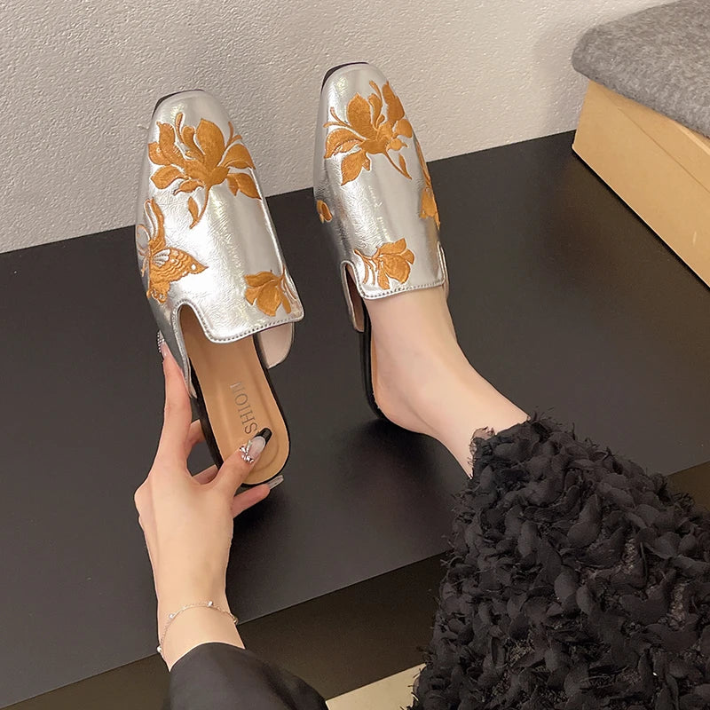 Women's Sandals Embroidered Love Metal Buckle Casual Fashion
