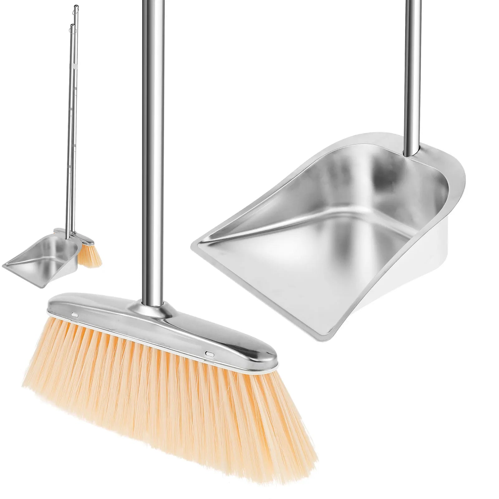 Broom and Dustpan Set Long Handle Upright Stainless Steel Dustpan Broom Set Portable Household Cleaning Tools for Home Office Zpaxo A-Square
