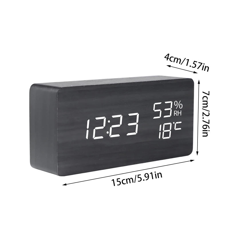 Wooden Temperature Humidity Display Clock Simple LED Silent Desktop