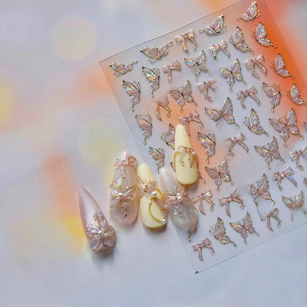 Jelly Nail Stickers Shiny Charming Butterfly Self Adhesive Nail Art Stickers Ribbon Butterfly Nails 3D Decorations Stickers DIY Zpaxo