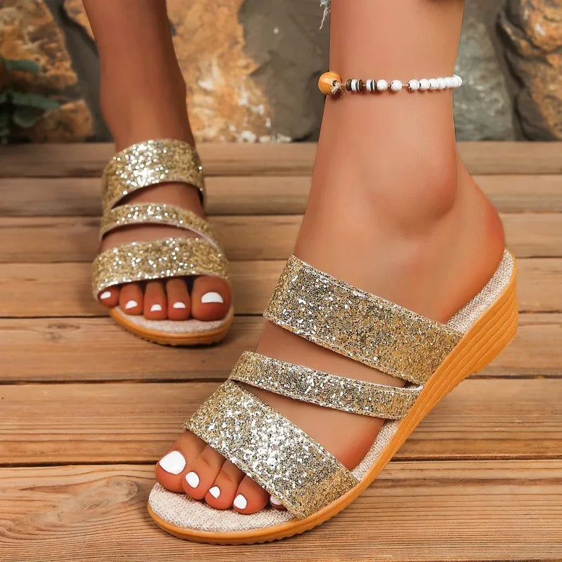 Fashion Glitters Strap Open Toe Wedge Heel Slippers Women Summer 2026 Zpaxo