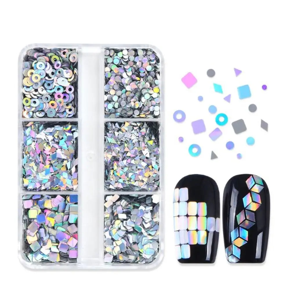 6 Grids Nail Enhancement Laser Glitter Geometric Patterns DIY Manicure Tools Nail Art Sequins Nail Decoration Nail Charms Zpaxo