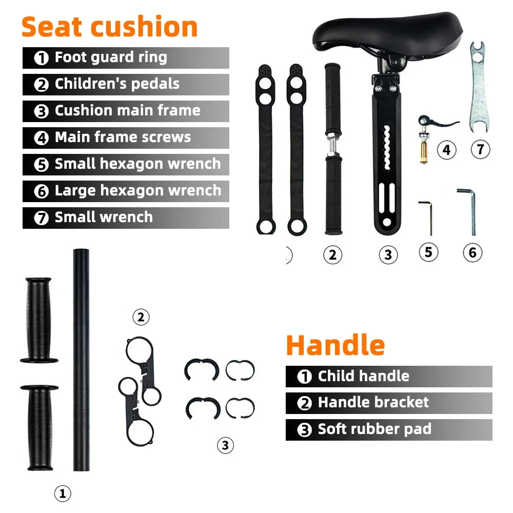 Adjustable Kids Front Bike Seat Universal Child Safety Saddle with Handlebar Pedals Quick Release Mount Parent-Child Cycle Seat Zpaxo