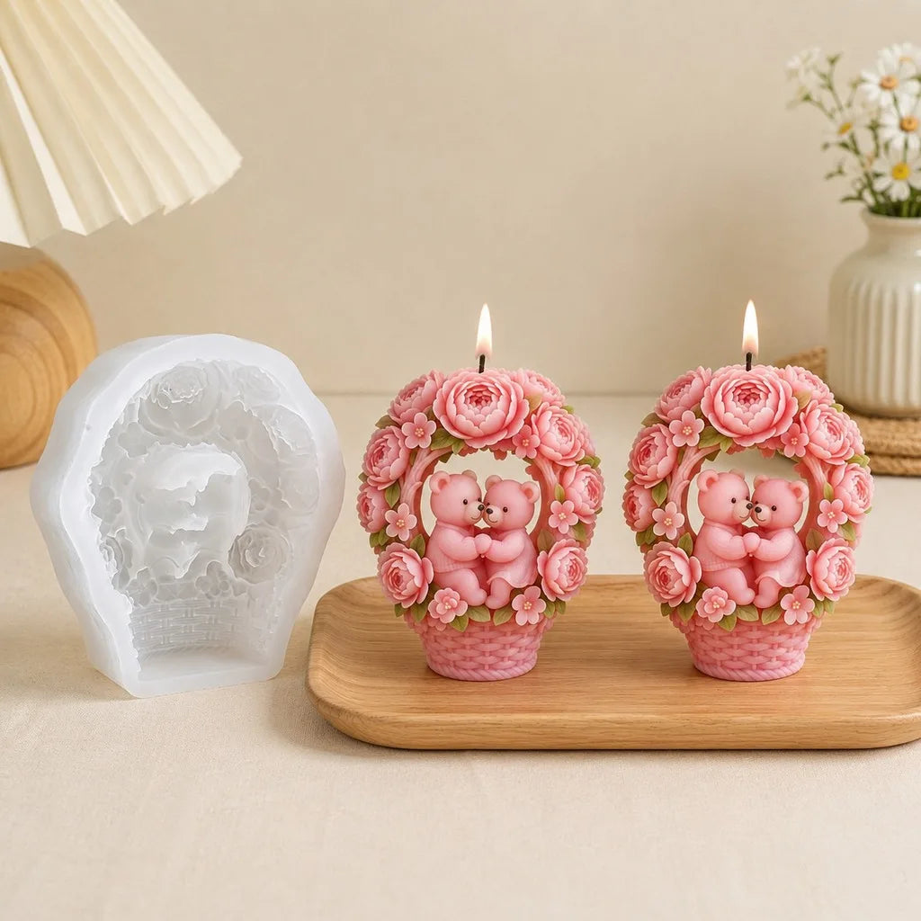 3D Hugging Bears Flower Basket Silicone Mold | Candle & Soap Craft Silicone Mold Zpaxo
