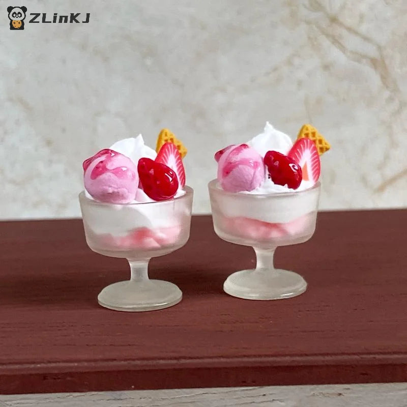 Miniature Dollhouse Food Toy Strawberry Ball Pink Ice Cream Cup Model Zpaxo
