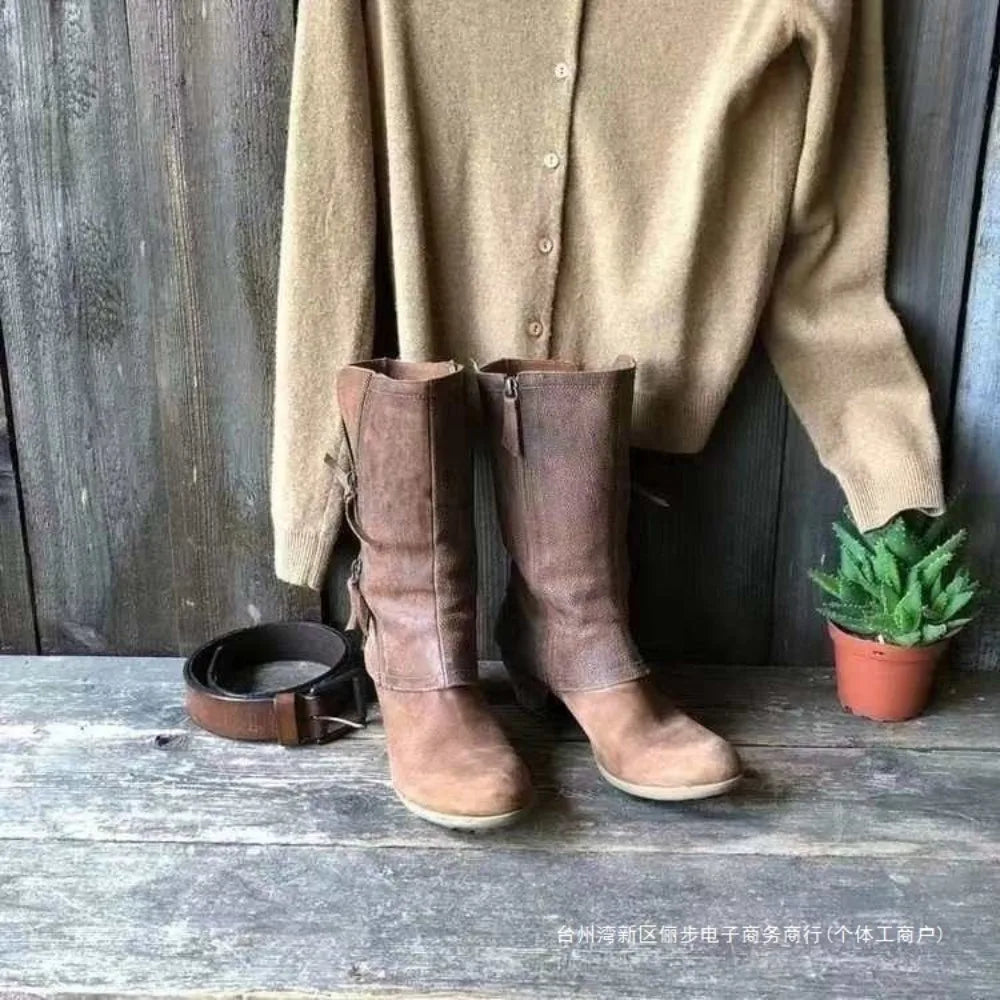 Fashion Pleated Buckle Knight Boots Women Autumn Brown PU Leather Mid