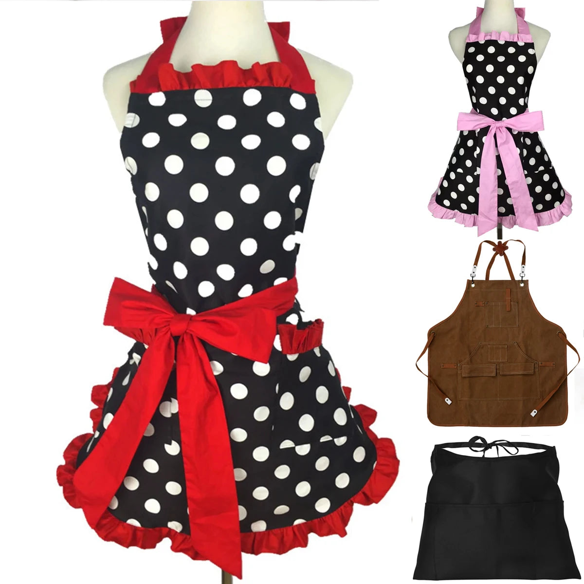1/2PCS Kitchen Apron Retro Aprons Long/Short Waist Adjustable Ruffle Side Vintage Cooking Aprons with Pockets For Woman Men Work Zpaxo
