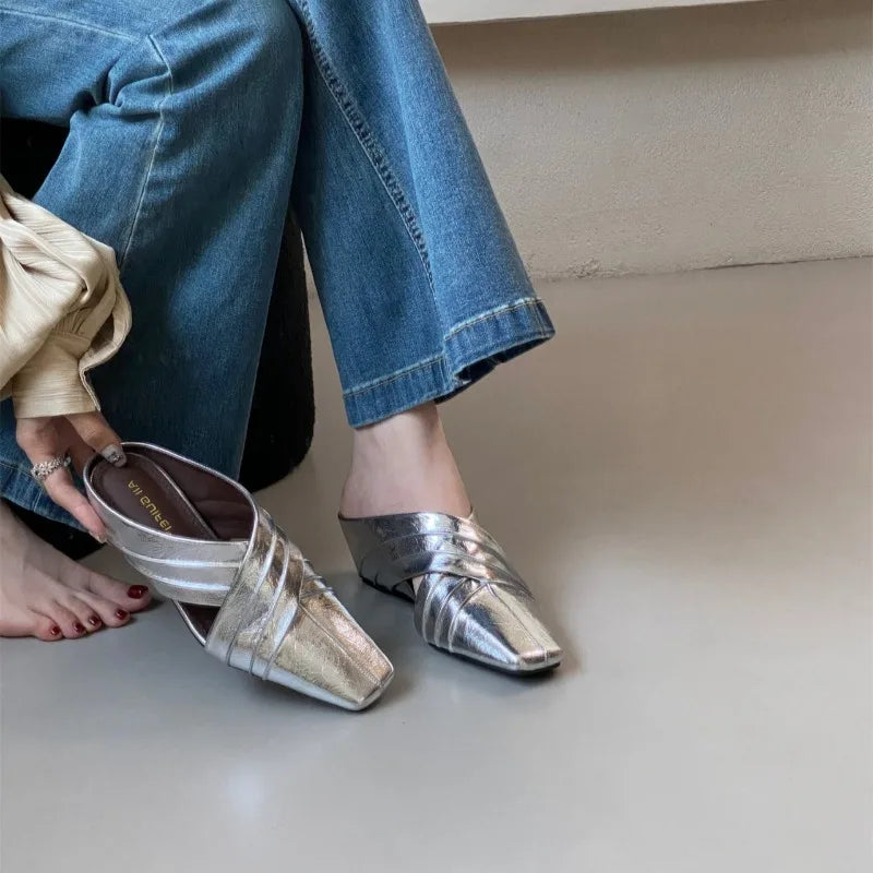 Fashion Hollow Women's Mid Heel Slippers Wedges Square Toe Closed Zpaxo Silver 39