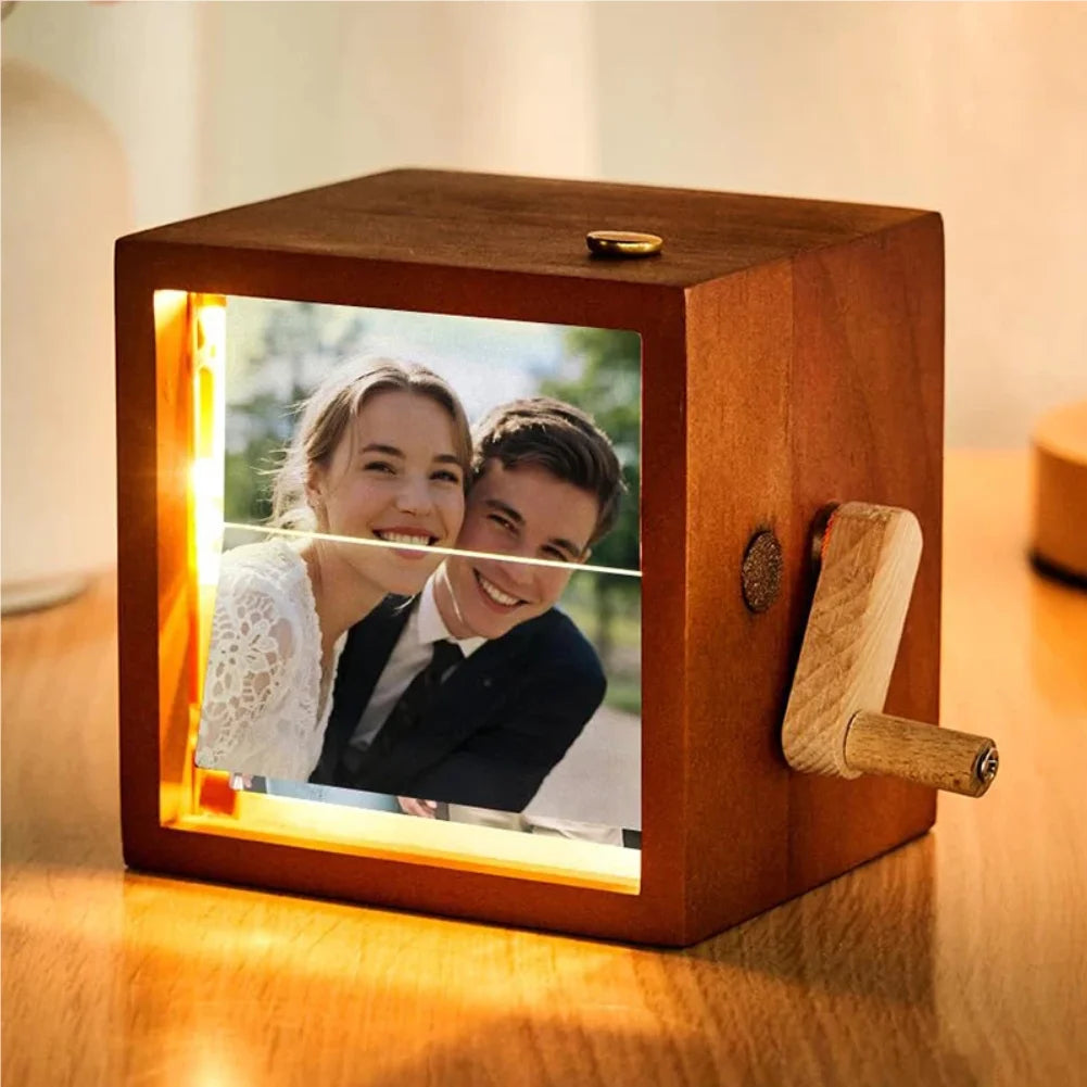 Custom Photo Flip Book Frame Photo Animation Box Hand-cranked Photo Album Wooden Rotating Memory Box with Light Gift Zpaxo