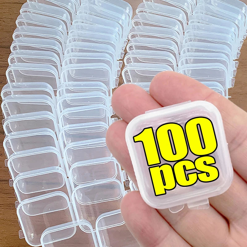 100 Mini Jewelry Storage Boxes Plastic Transparent Square Box Pill