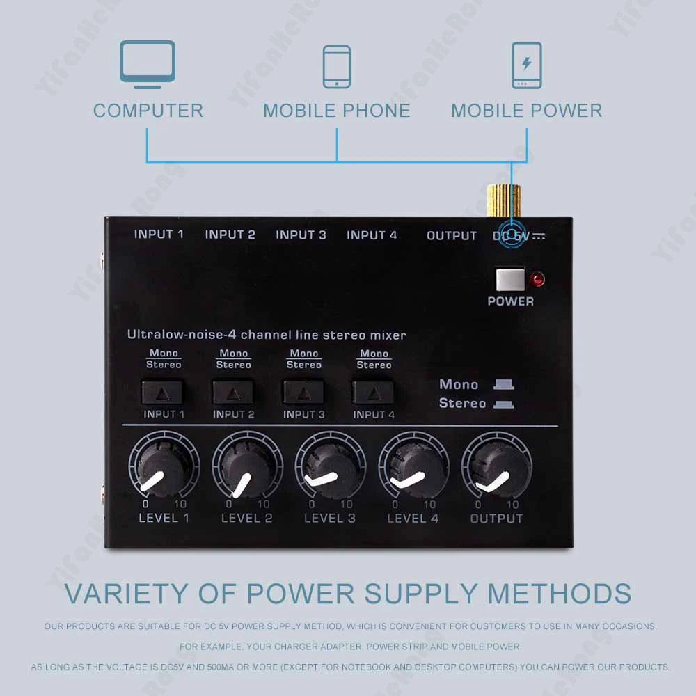 Professional Sound Mixer 4 Channel Mixer Stereo with 2pcs 6.5 3.5mm Converter RCA Output Mixer Mini Low Noise Sound Mixer Zpaxo