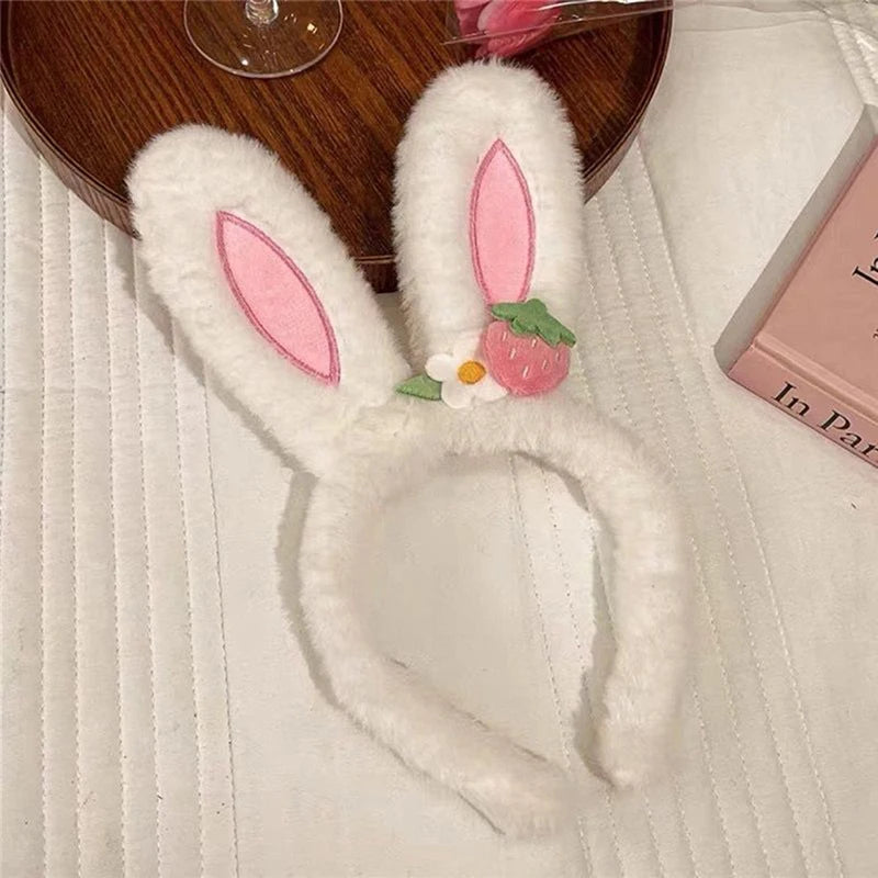 Rabbit Ear Headband Hat Strawberry Flower Bunny Hair Band Happy Zpaxo White