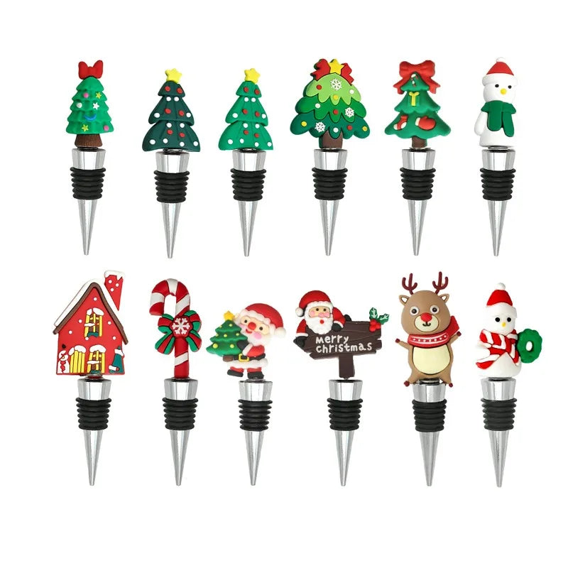 PVC Christmas Wine Stopper, Green Christmas Tree, Snowman Cane, Sugar Deer, Santa Claus Wreath, Red Wine Stopper, Glass Bottle Y Zpaxo