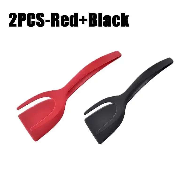 2-in-1 Egg Spatula Tongs Cooking Utensils Kitchen Accessories Pancake Cooking Machine Flip Pliers Nylon Clip Gadget Tools Zpaxo 2PCS-Black-Red
