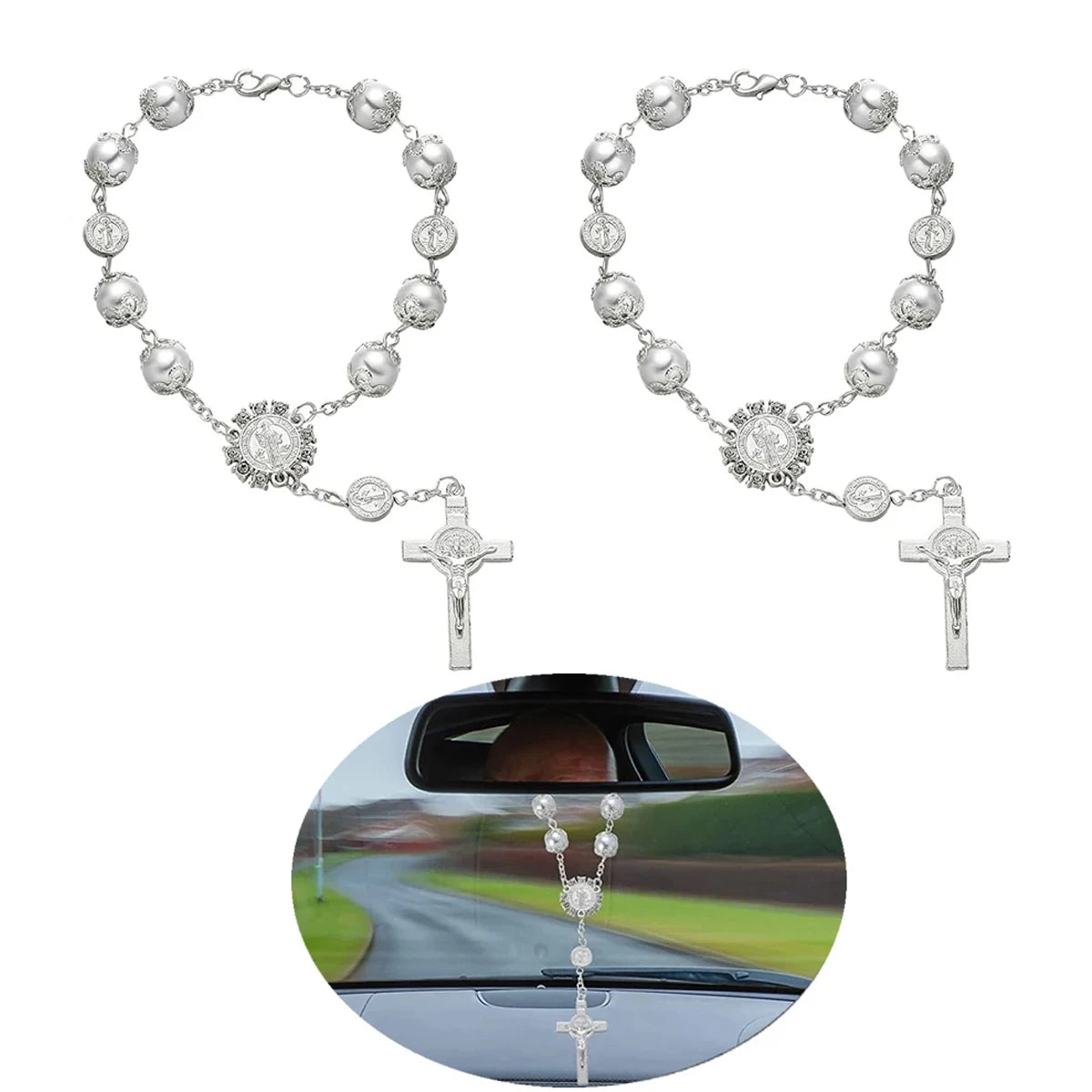 Car Ornaments Retro Imitation Pearl Cross Hanging Car Rear Hanging Auto Interior View Mirror Birthday Gift Auto Hanging Ornament Zpaxo