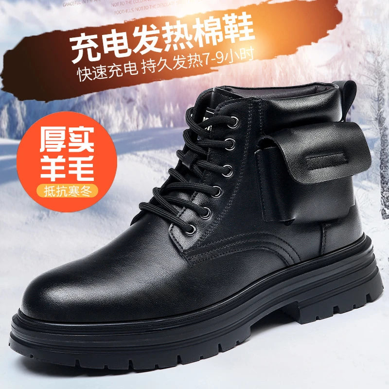 Mens Rechargeable Heated Winter Boots Wool Lined Leather Snow Thick Zpaxo