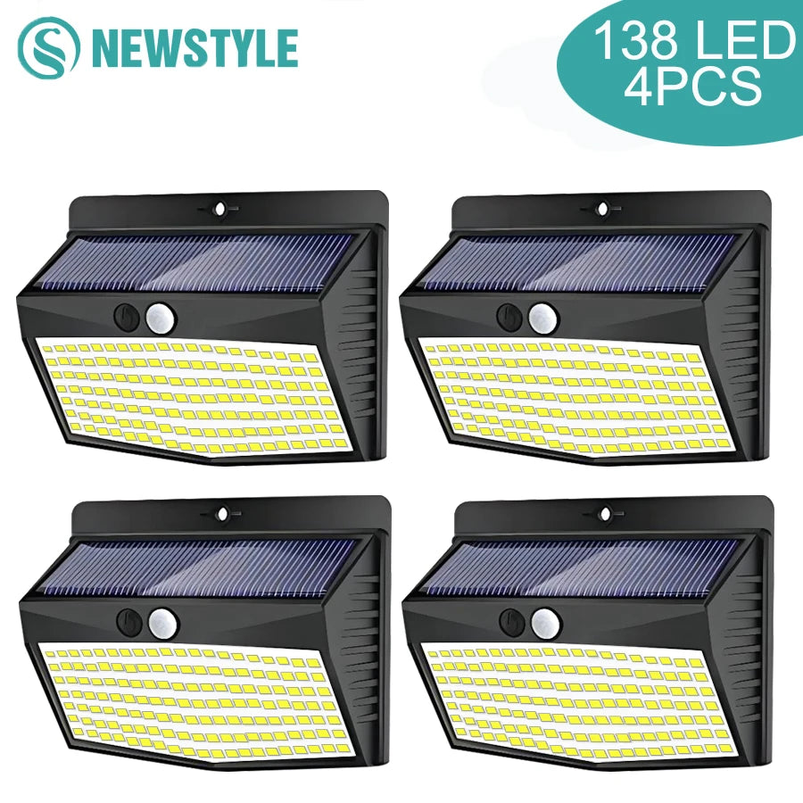 138 LED Solar Light Outdoor 4PCS Solar Wall Lamp Human Body Sensor 3 Mode Waterproof Garden Decor Street Lights Sunlight Powered Zpaxo
