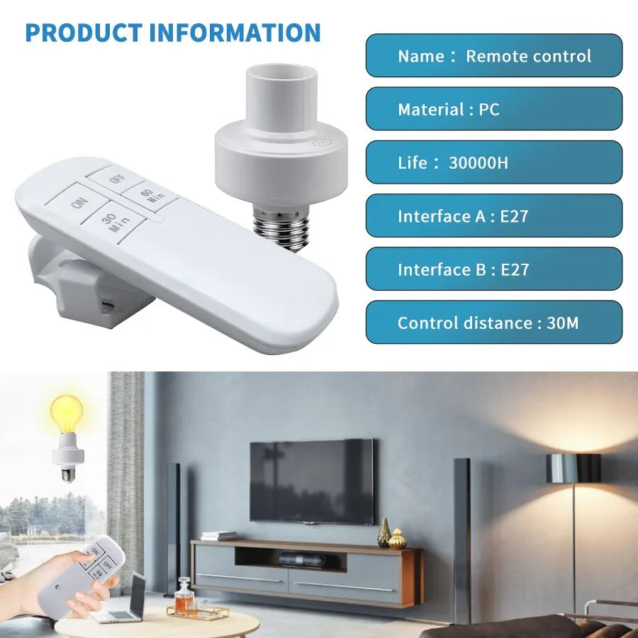 Smart Timer Switch Wireless Remote Control E27 15m Range Lamp Holder