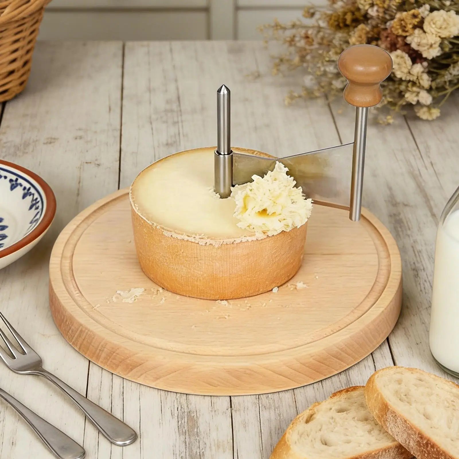 Cheese Curler Wheel Stainless Steel Wood Base Smooth Shaving Manual Handheld Cheese Flower Maker Slicer for Restaurant Cafe Home Zpaxo