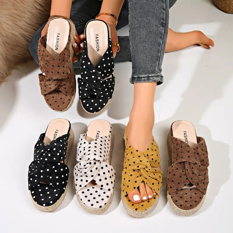 Summer Women Polka Dot Embellishment Cross Band Comfortable Wedge Zpaxo