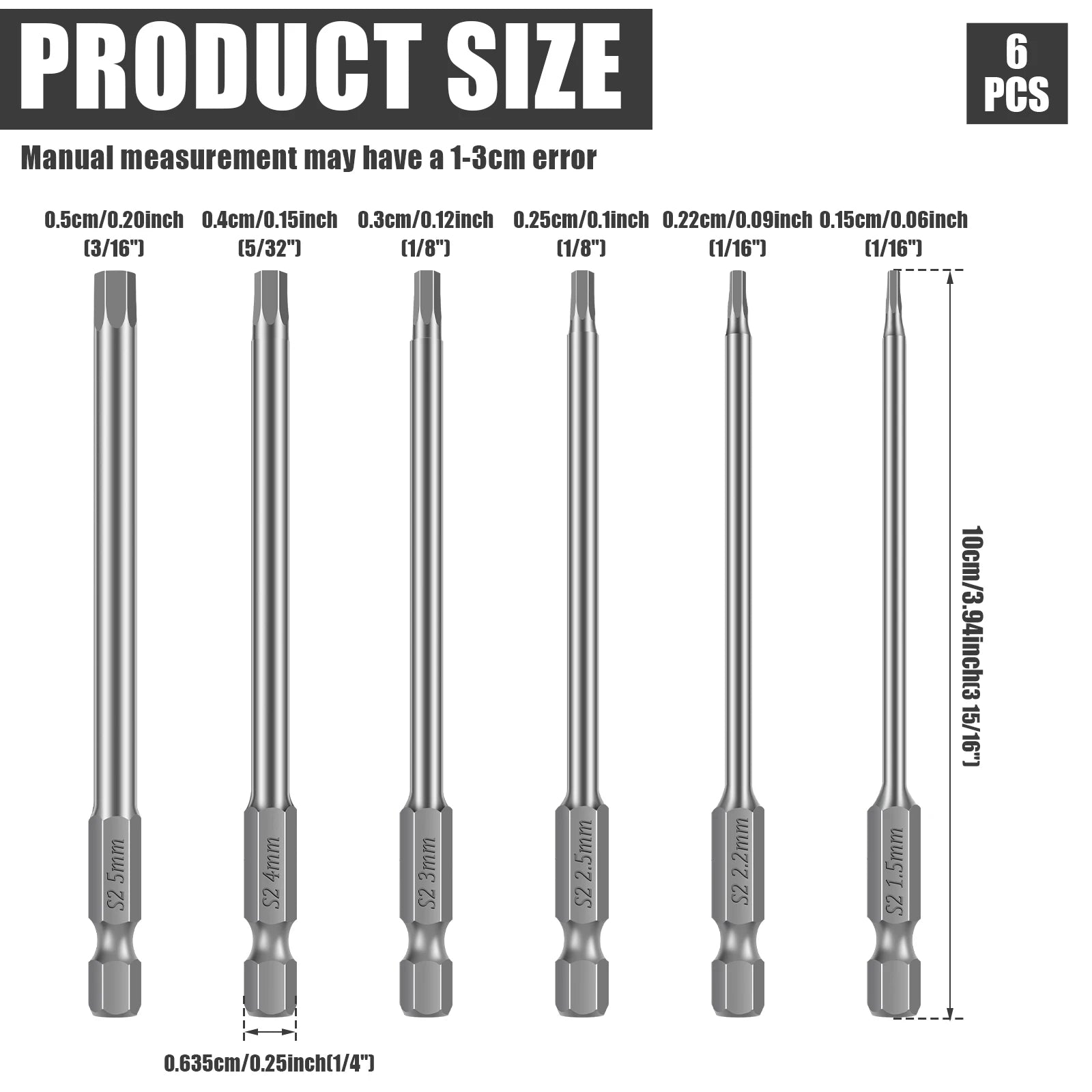 10/6pcs Hex Allen Key Bit Set S2 Steel 1/4” Hex-Shank Metric Inner Hexagon Screwdriver Bit Multiple Size for Assembling Furnitur Zpaxo 6pcs 1.5-5mm