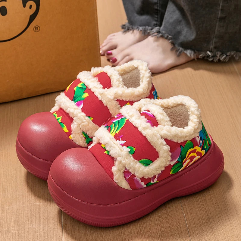 Unisex Winter Flower Pattern Slippers Cloud Feel Platform Warm Shoes