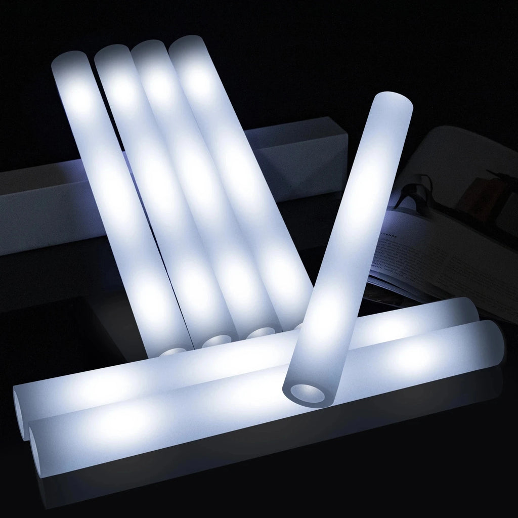 10 White LED Foam Sticks Light Up Batons Glow 3 Modes Flashing Dark