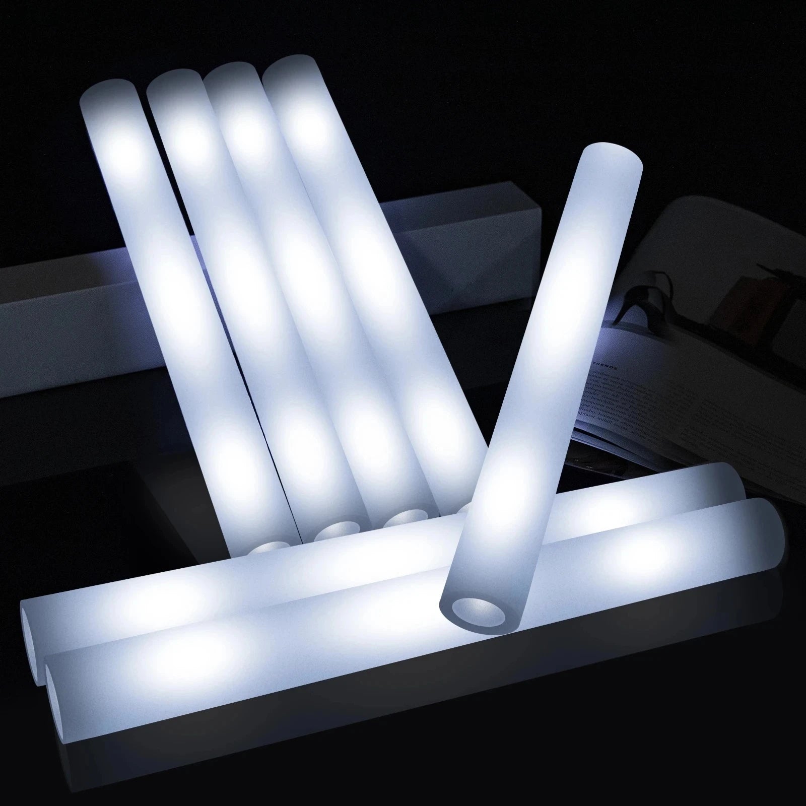 10 White LED Foam Sticks Light Up Batons Glow 3 Modes Flashing Dark