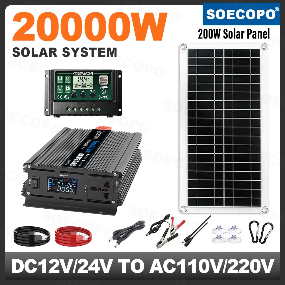 20000W Solar Generator Kit with 200W Panel Efficient Inverter Controller Off Grid Power Supply for RV Camping Outdoor Emergency Zpaxo