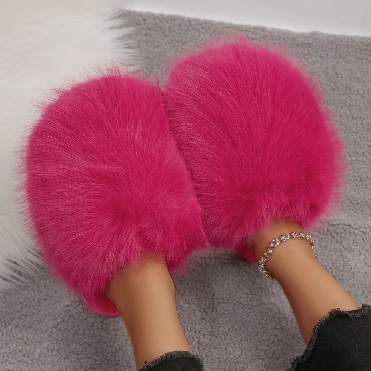 Women Slippers 2025 Fashion Fur Fluffy Cute Plush Luxury Shoes Zpaxo Rosy Red 38
